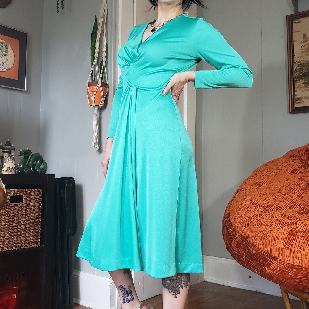 1970s Vintage Seafoam Green Handmade Long-sleeve Midi Dress Medium 70s Retro - Picture 6 of 13